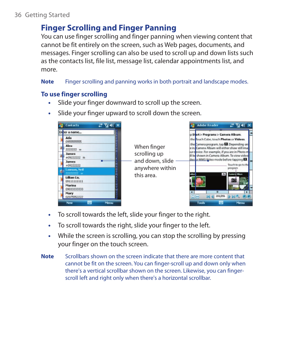 Finger scrolling and finger panning | HTC Xda orbit 2 User Manual | Page 36 / 246