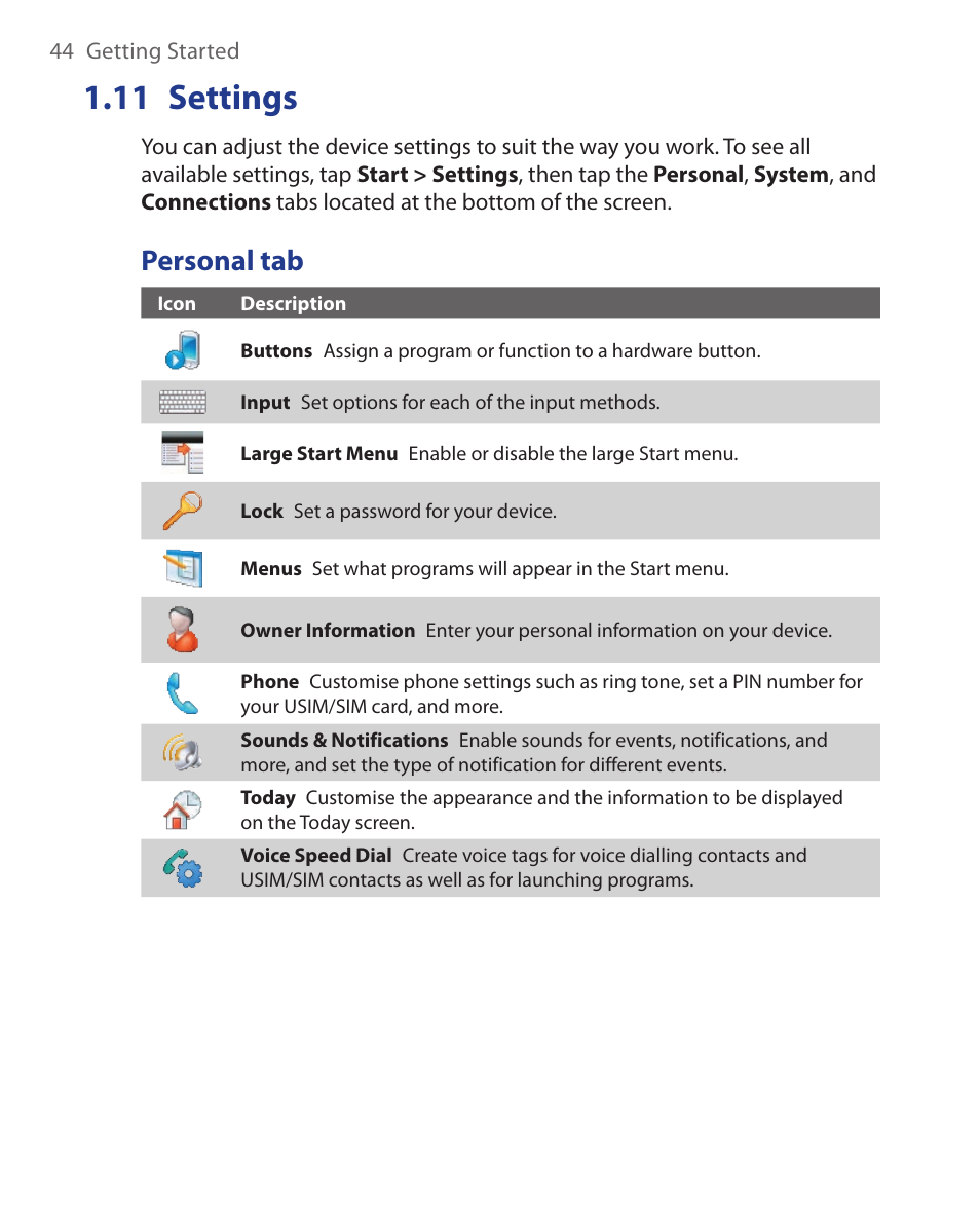 11 settings, Personal tab | HTC Xda orbit 2 User Manual | Page 44 / 246