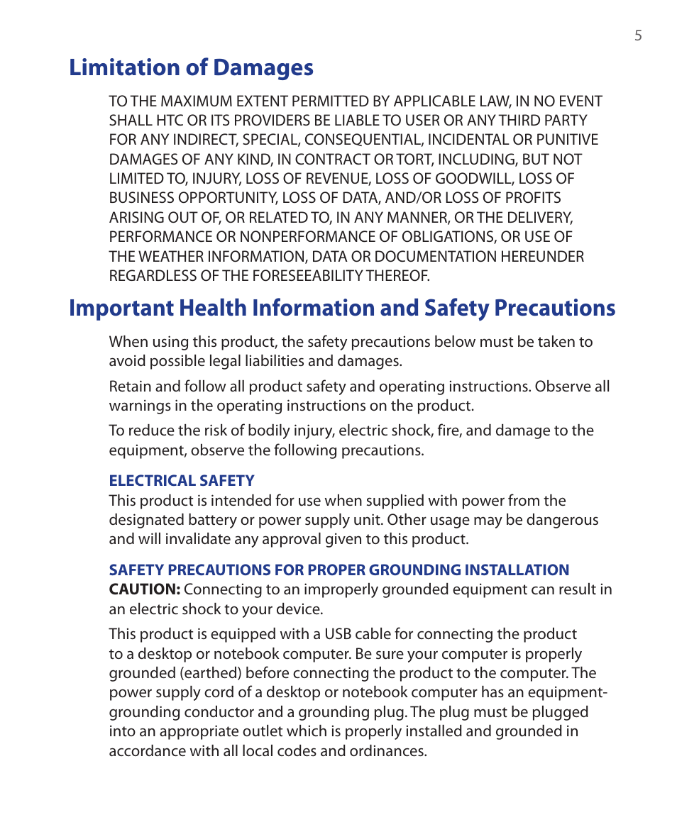 Limitation of damages | HTC Xda orbit 2 User Manual | Page 5 / 246