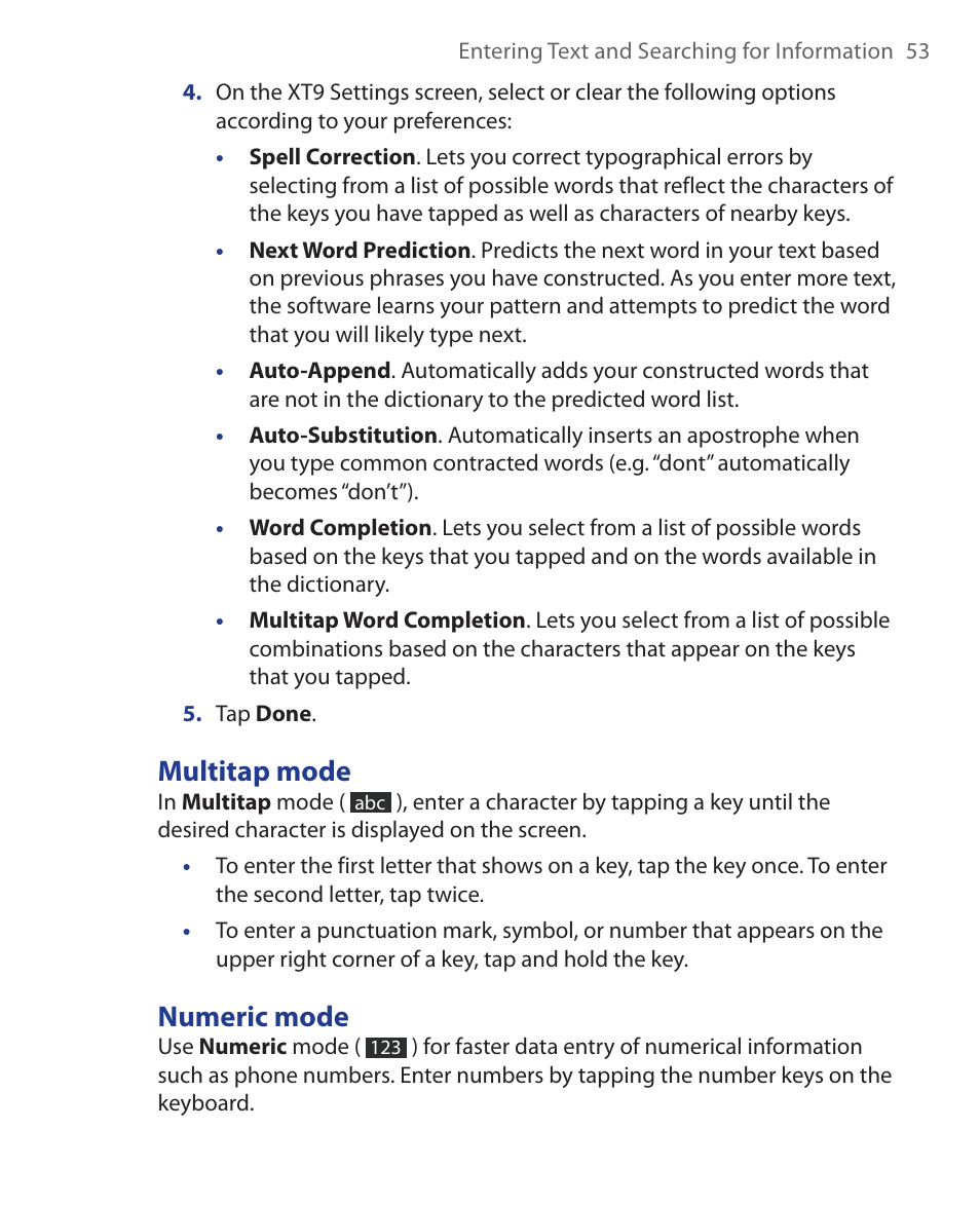 Multitap mode, Numeric mode | HTC Xda orbit 2 User Manual | Page 53 / 246