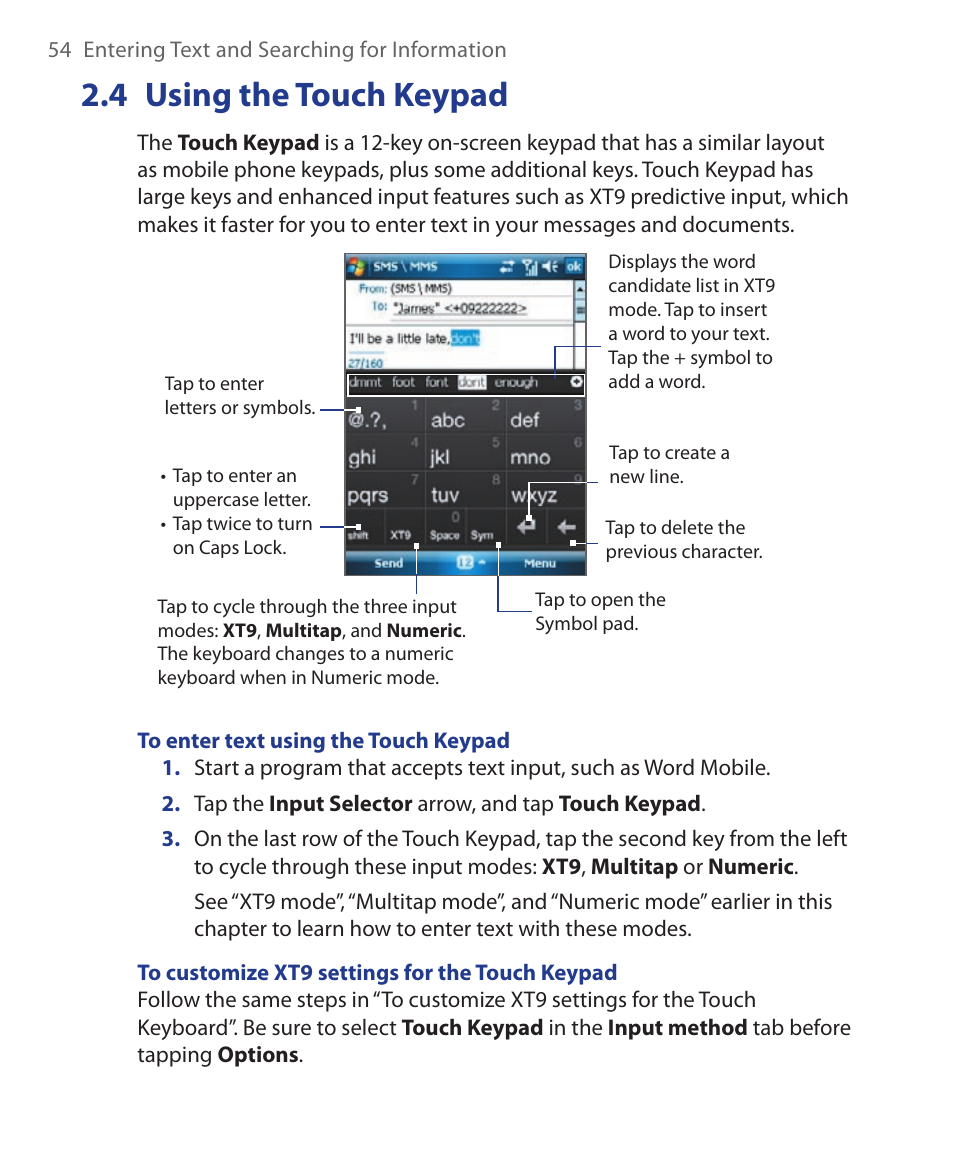 4 using the touch keypad | HTC Xda orbit 2 User Manual | Page 54 / 246