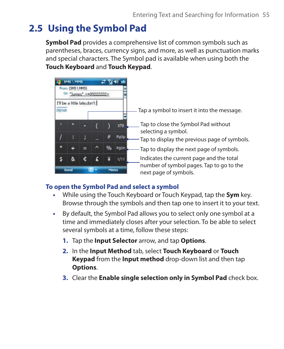 5 using the symbol pad | HTC Xda orbit 2 User Manual | Page 55 / 246