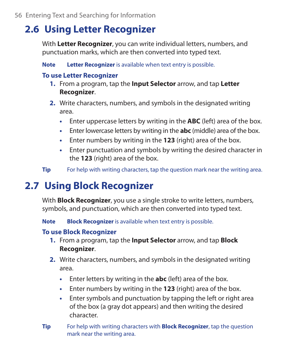 6 using letter recognizer, 7 using block recognizer | HTC Xda orbit 2 User Manual | Page 56 / 246