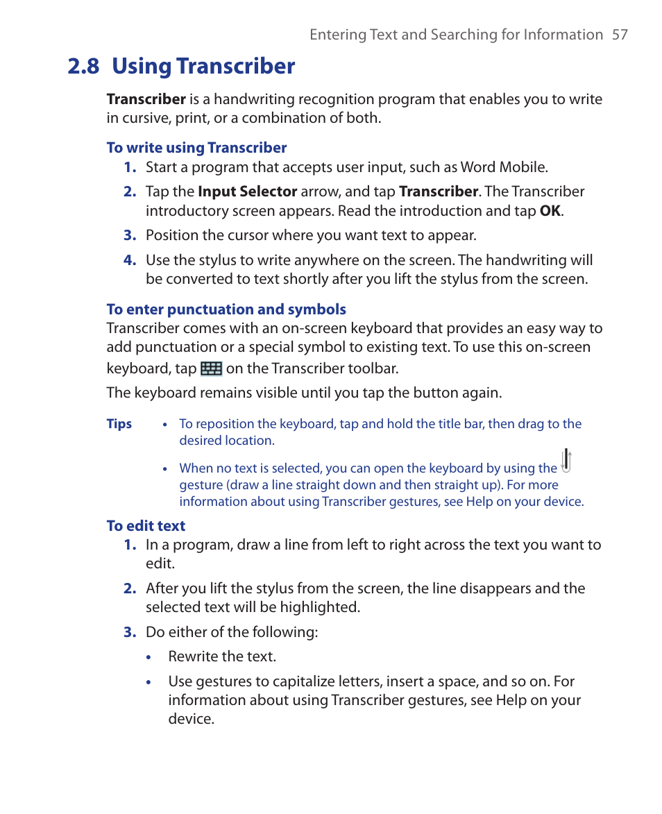 8 using transcriber | HTC Xda orbit 2 User Manual | Page 57 / 246