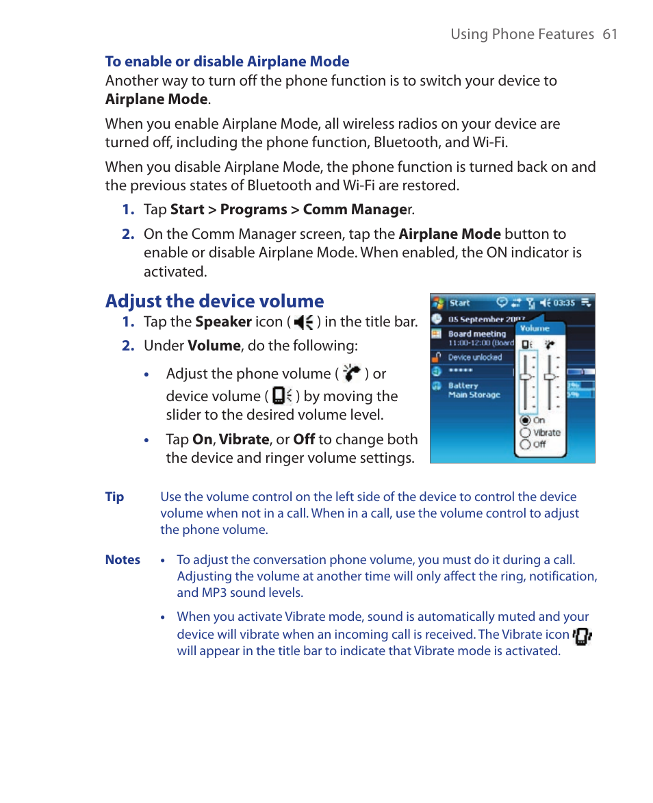 Adjust the device volume | HTC Xda orbit 2 User Manual | Page 61 / 246