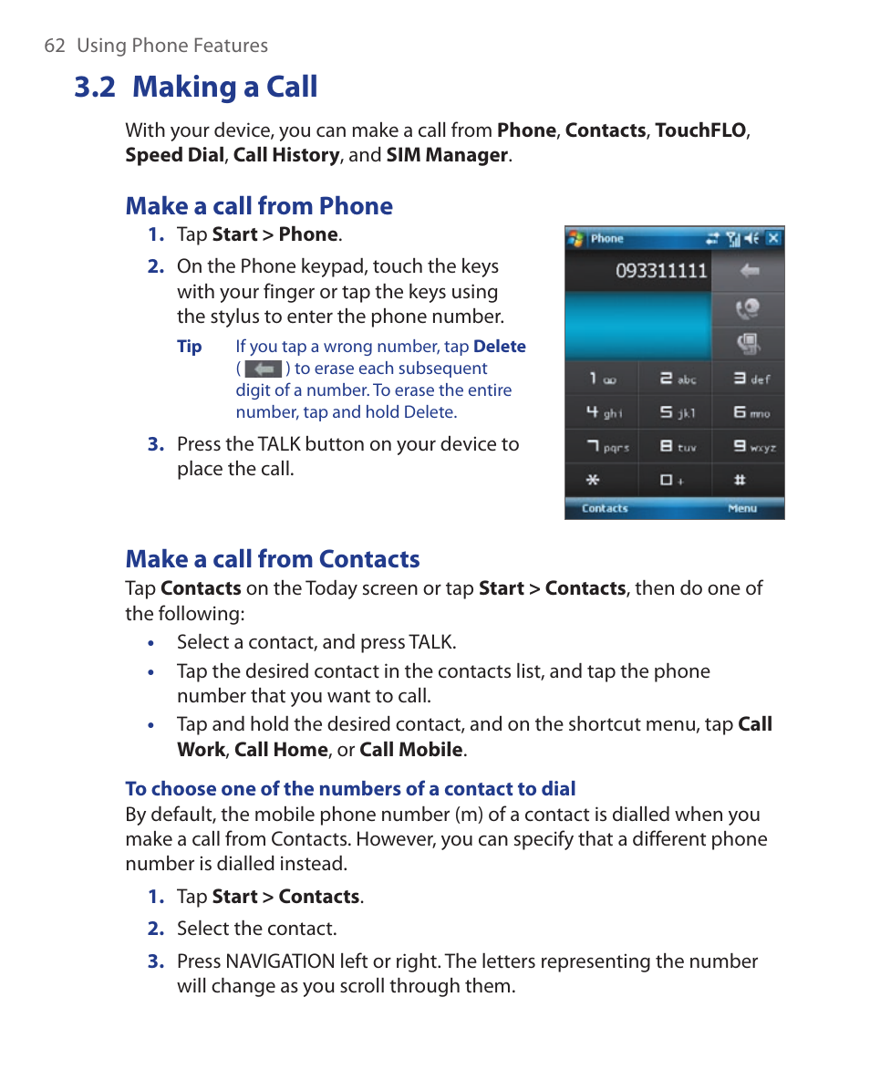 2 making a call, Make a call from phone, Make a call from contacts | HTC Xda orbit 2 User Manual | Page 62 / 246