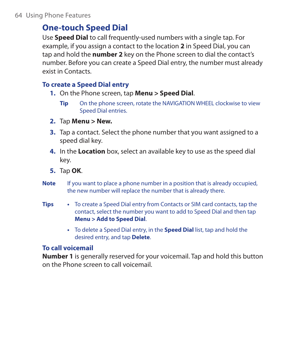 One-touch speed dial | HTC Xda orbit 2 User Manual | Page 64 / 246