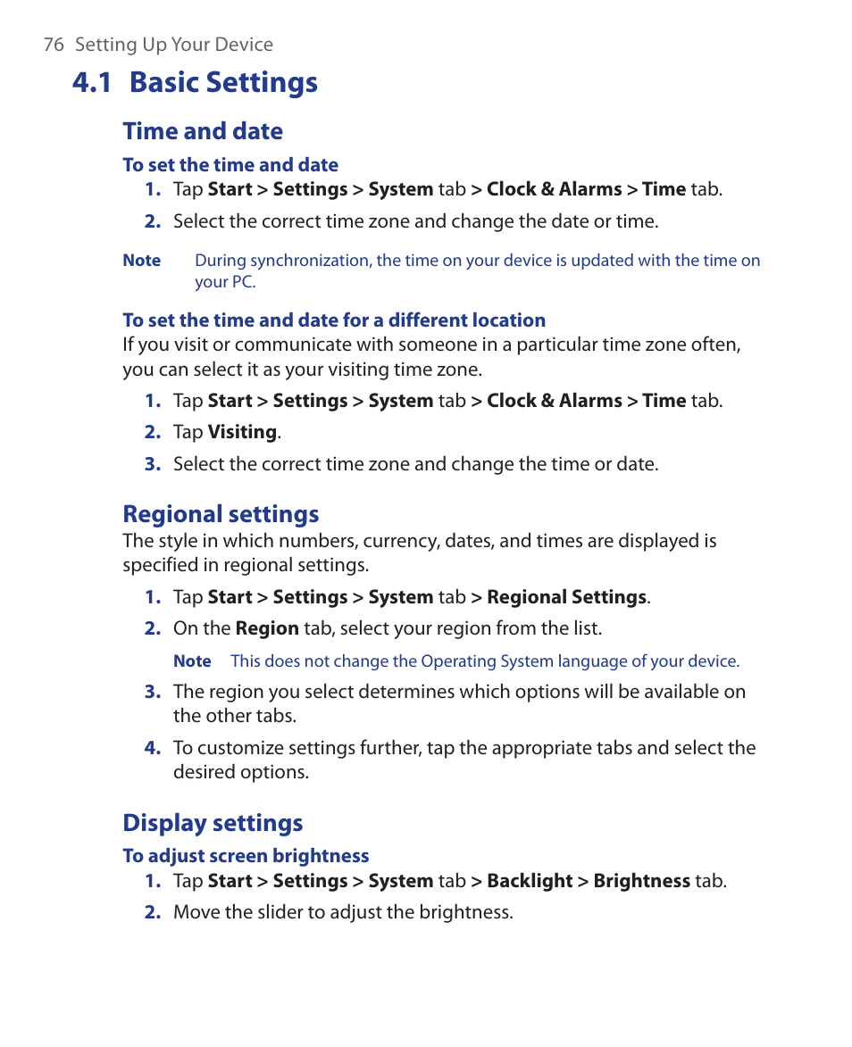 1 basic settings, Time and date, Regional settings | Display settings | HTC Xda orbit 2 User Manual | Page 76 / 246
