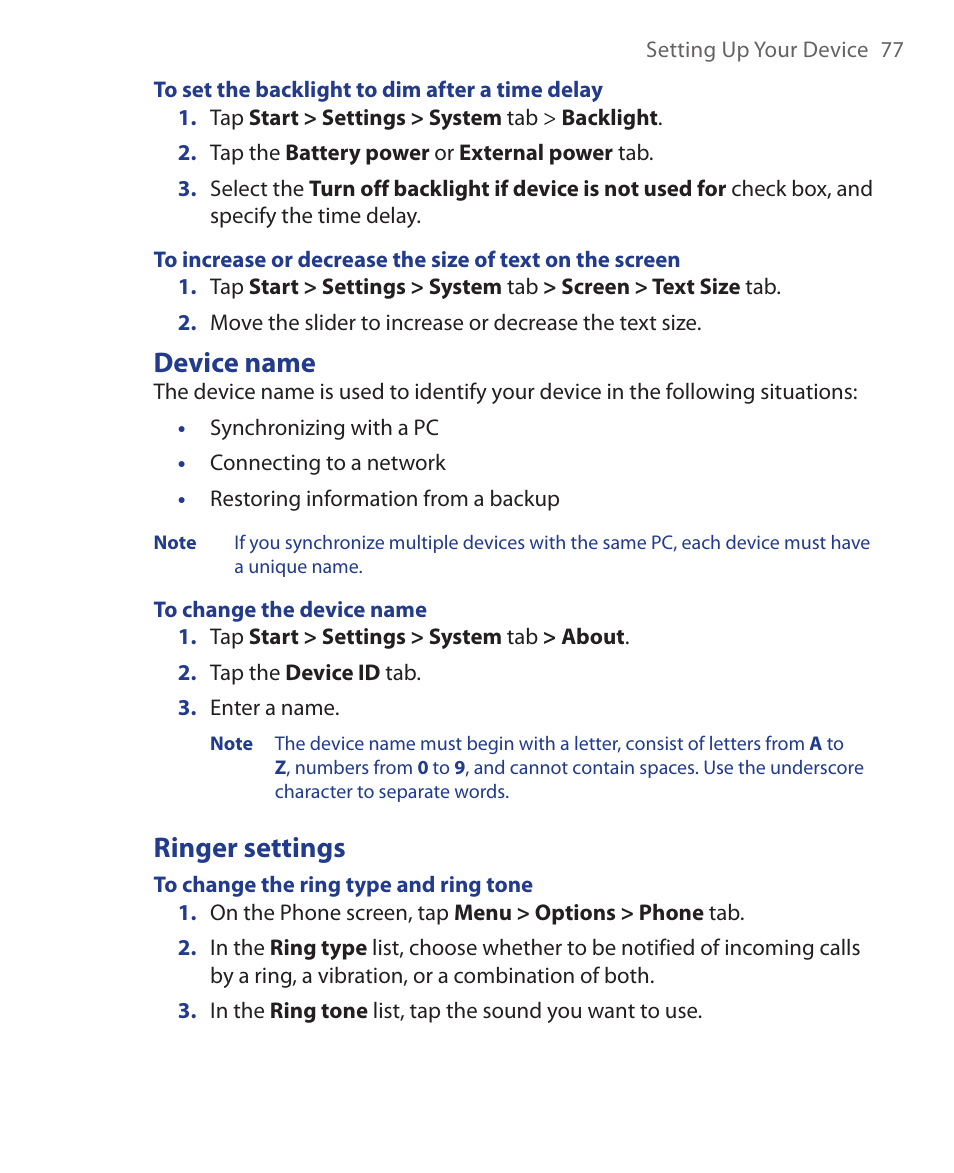 Device name, Ringer settings | HTC Xda orbit 2 User Manual | Page 77 / 246