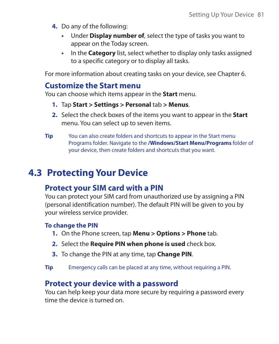 3 protecting your device, Customize the start menu, Protect your sim card with a pin | Protect your device with a password | HTC Xda orbit 2 User Manual | Page 81 / 246