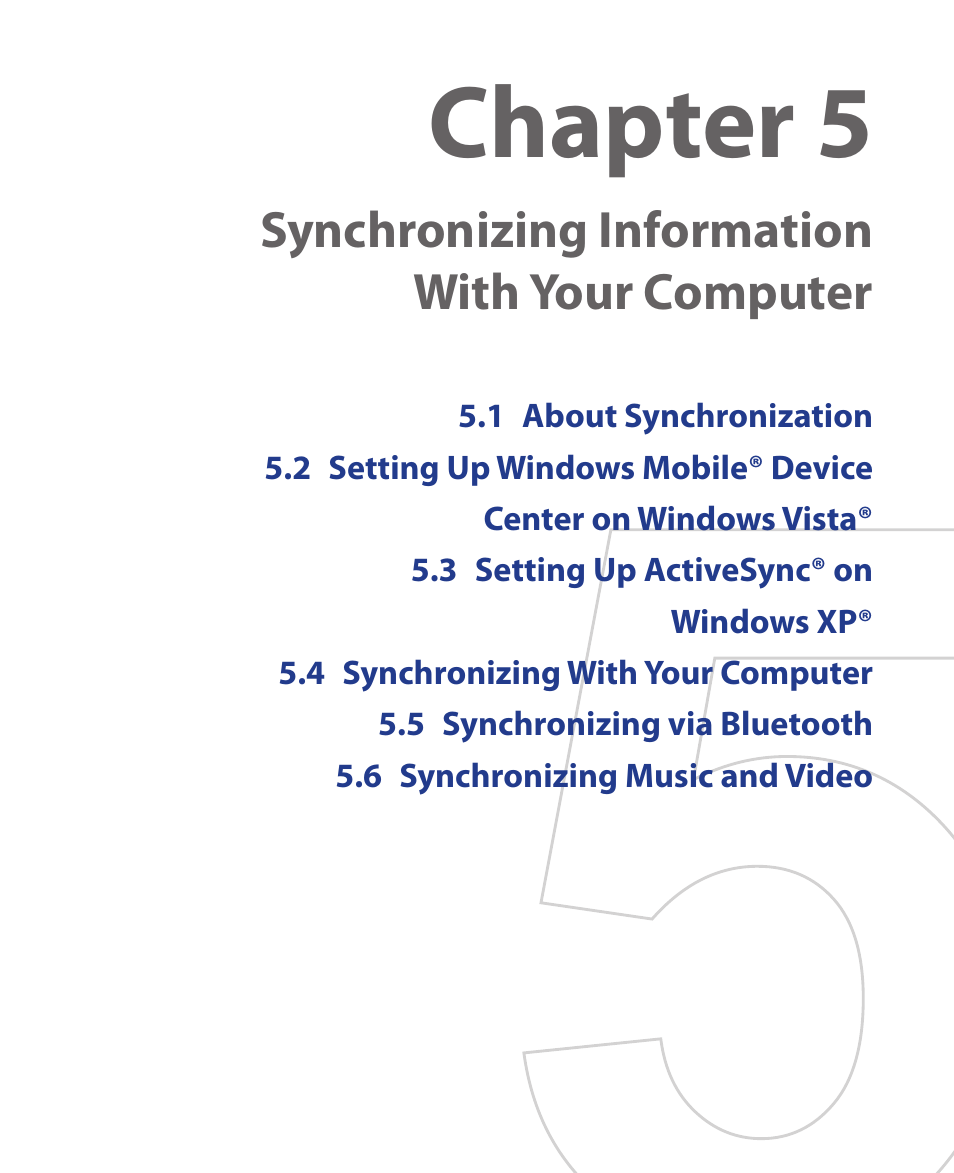 Chapter 5, Synchronizing information with your computer | HTC Xda orbit 2 User Manual | Page 83 / 246