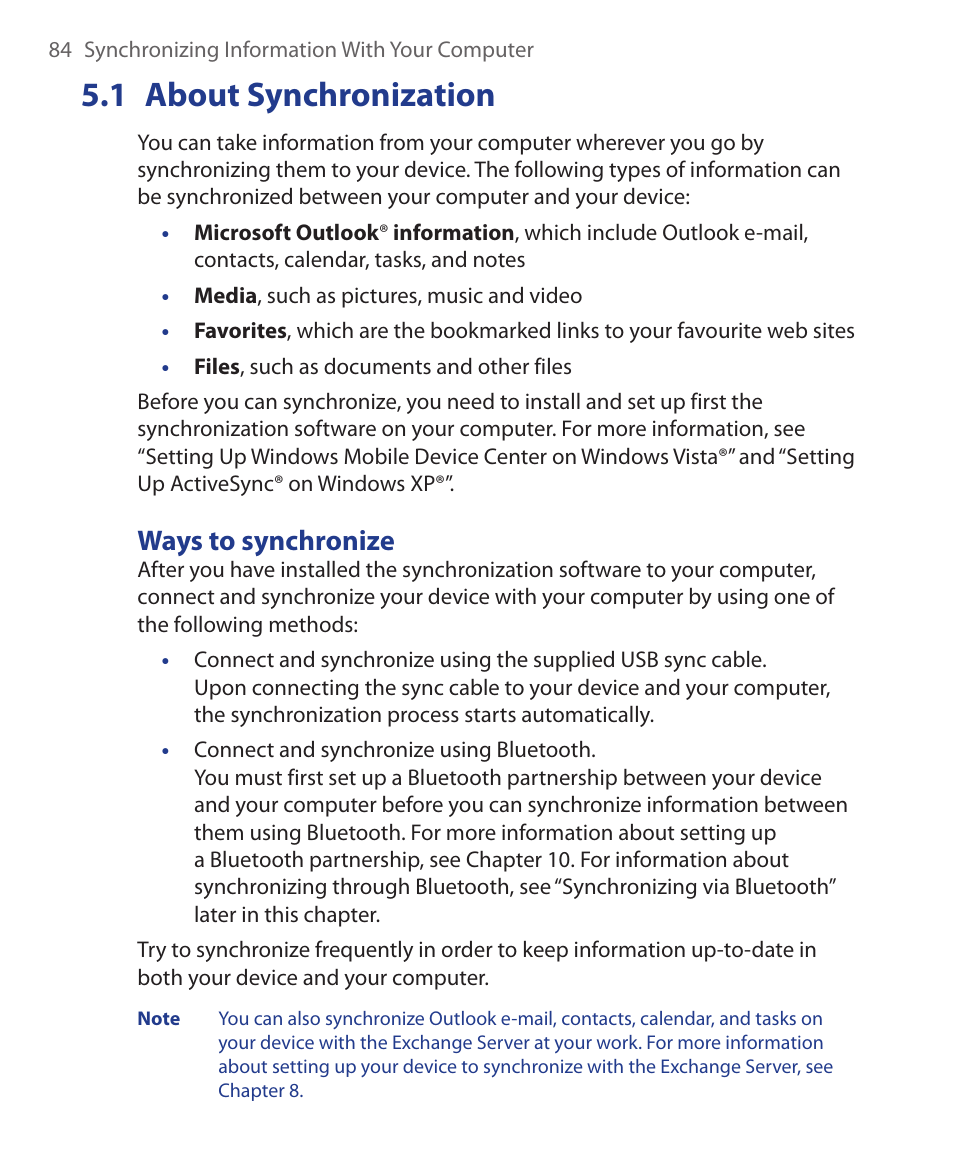 1 about synchronization, Ways to synchronize | HTC Xda orbit 2 User Manual | Page 84 / 246