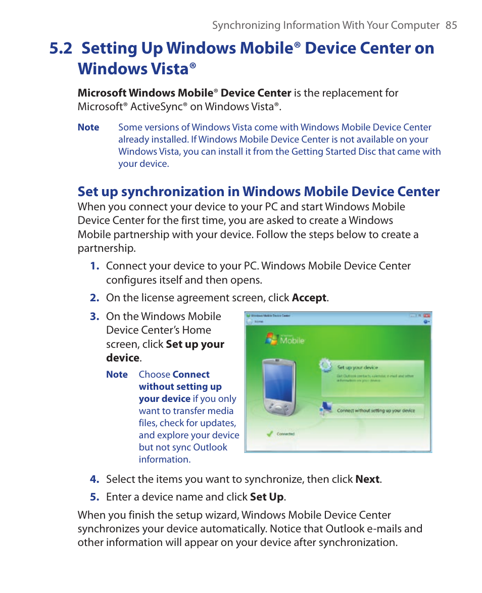 2 setting up windows mobile® device, Center on windows vista | HTC Xda orbit 2 User Manual | Page 85 / 246