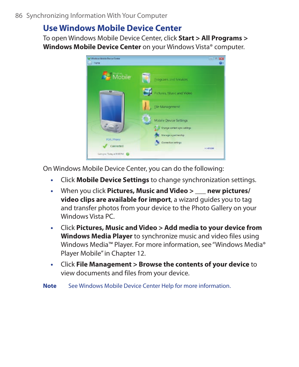 Use windows mobile device center | HTC Xda orbit 2 User Manual | Page 86 / 246