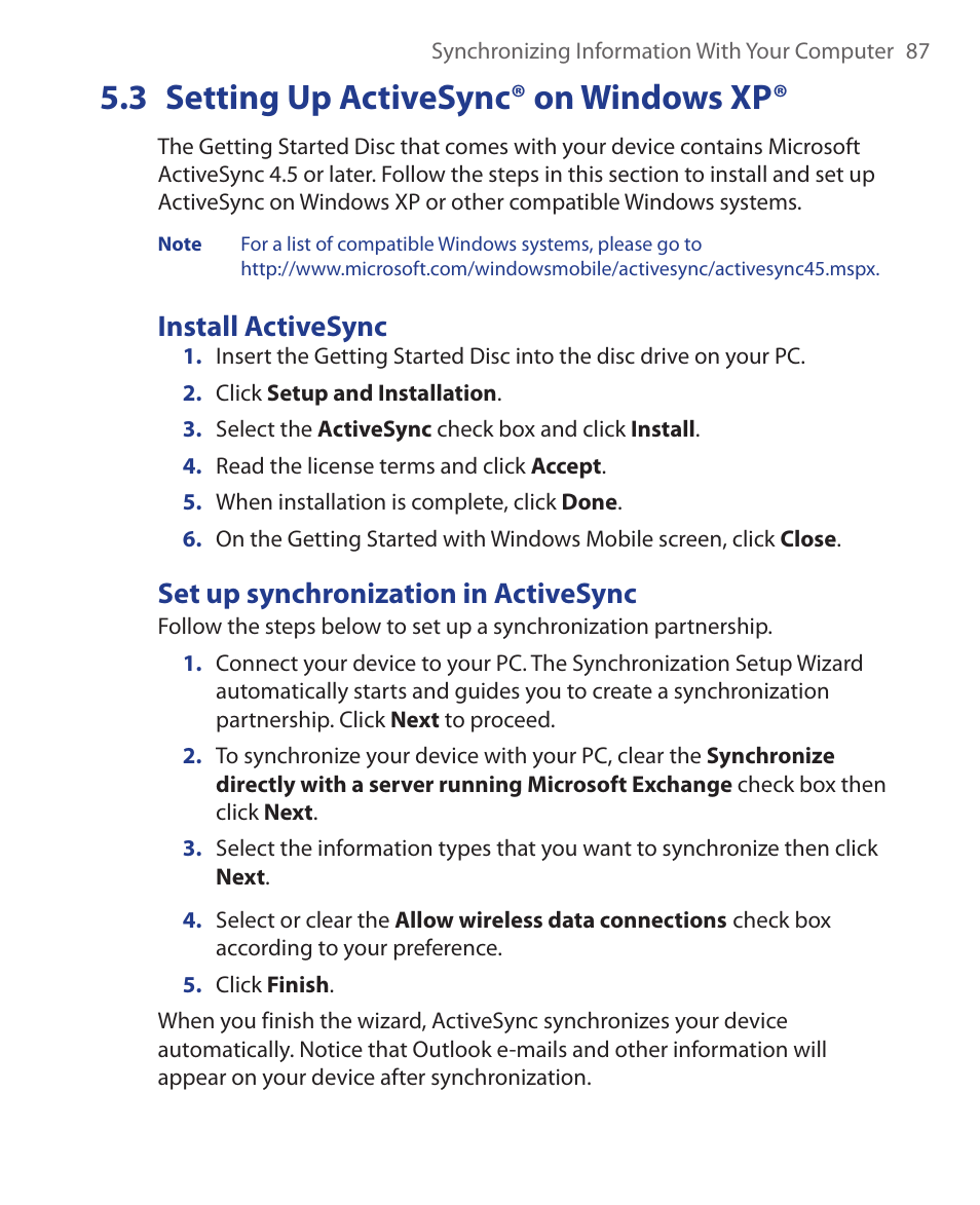 3 setting up activesync® on windows xp, 3 setting up activesync® on, Windows xp | Install activesync, Set up synchronization in activesync | HTC Xda orbit 2 User Manual | Page 87 / 246