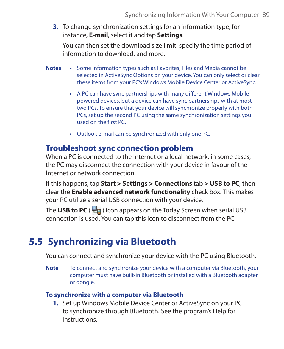 5 synchronizing via bluetooth, Troubleshoot sync connection problem | HTC Xda orbit 2 User Manual | Page 89 / 246