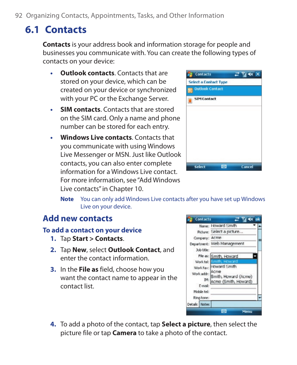 1 contacts, Add new contacts | HTC Xda orbit 2 User Manual | Page 92 / 246