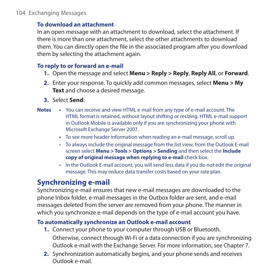 Synchronizing e-mail | HTC Dash 3G HS S200 User Manual | Page 104 / 192