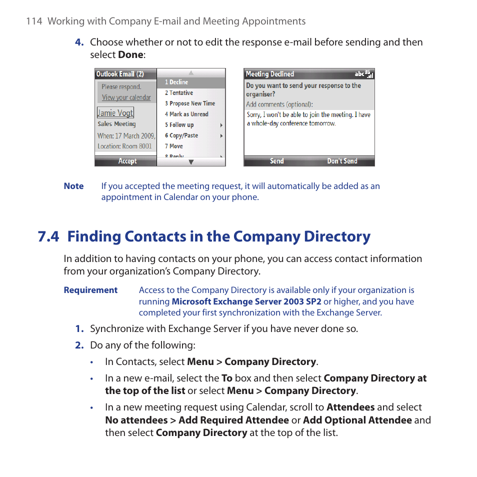 4 finding contacts in the company directory, Finding.contacts.in.the.company.directory | HTC Dash 3G HS S200 User Manual | Page 114 / 192