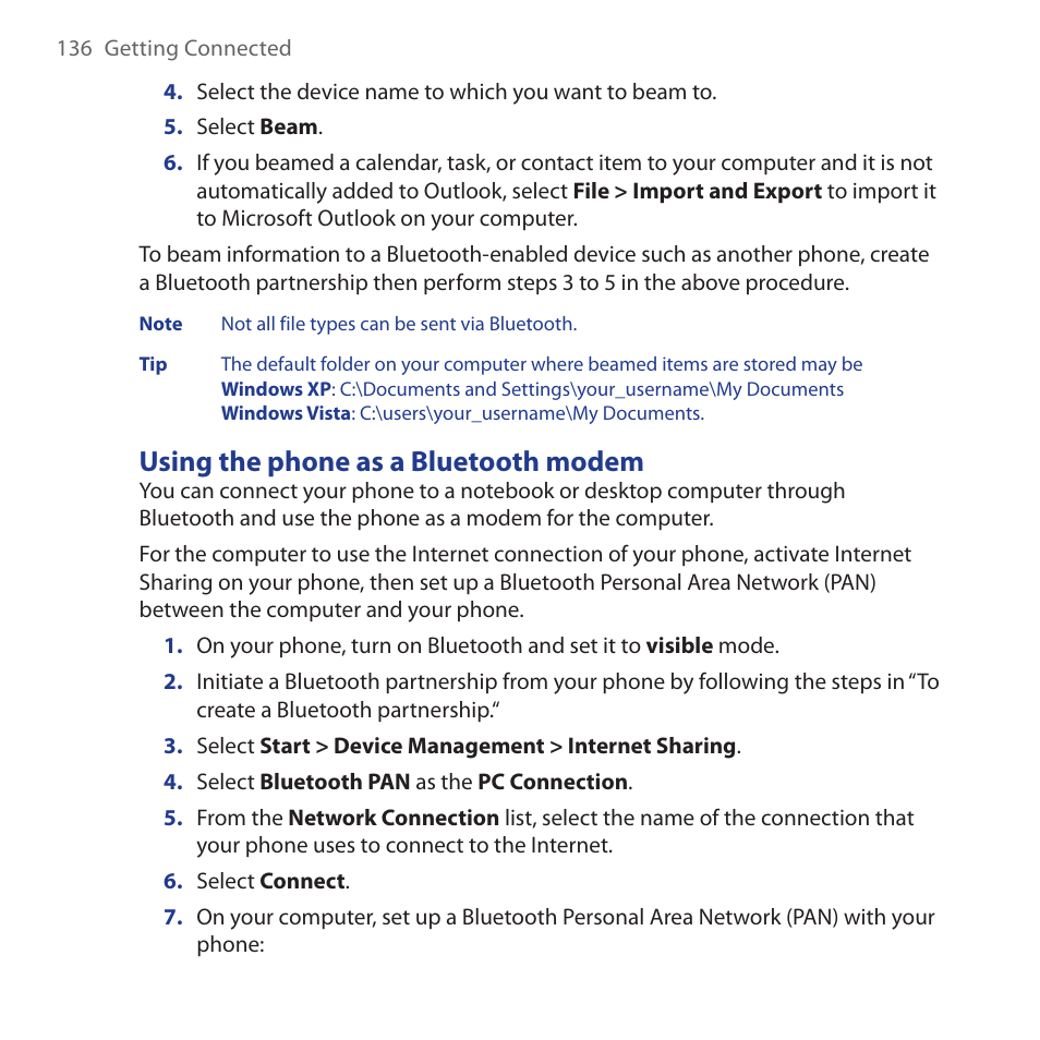 Using the phone as a bluetooth modem | HTC Dash 3G HS S200 User Manual | Page 136 / 192