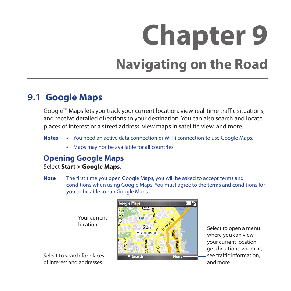 Chapter 9 navigating on the road, 1 google maps, Opening google maps | Google.maps, Chapter 9, Navigating on the road | HTC Dash 3G HS S200 User Manual | Page 145 / 192