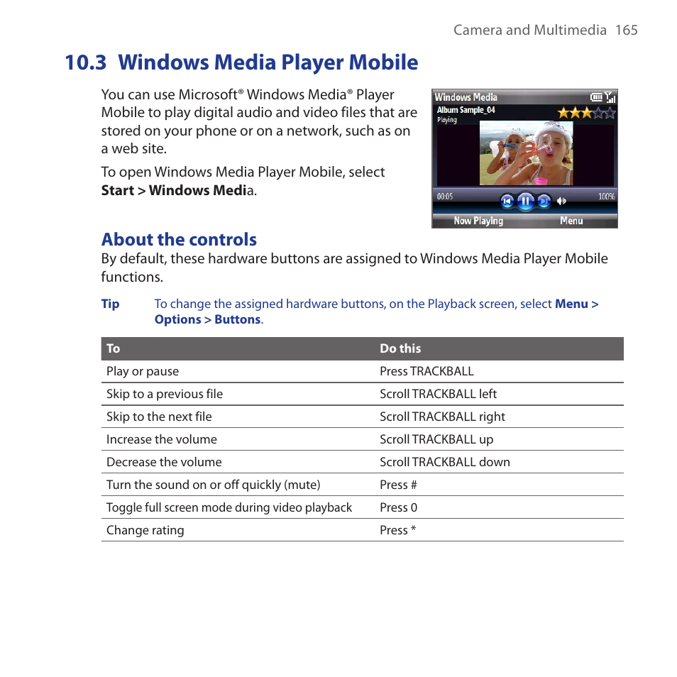3 windows media player mobile, About the controls, Windows.media.player.mobile | HTC Dash 3G HS S200 User Manual | Page 165 / 192