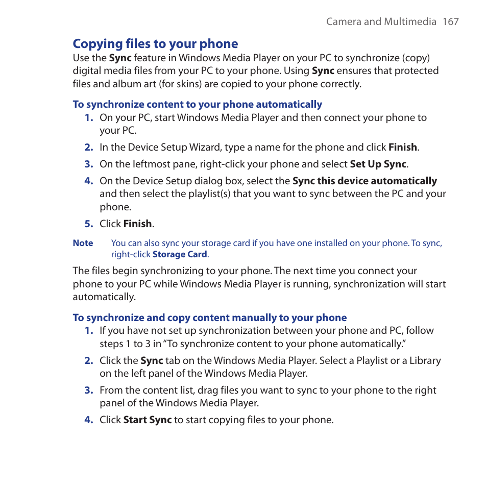 Copying files to your phone | HTC Dash 3G HS S200 User Manual | Page 167 / 192