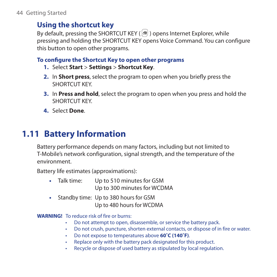 Using the shortcut key, 11 battery information, Battery.information | HTC Dash 3G HS S200 User Manual | Page 44 / 192