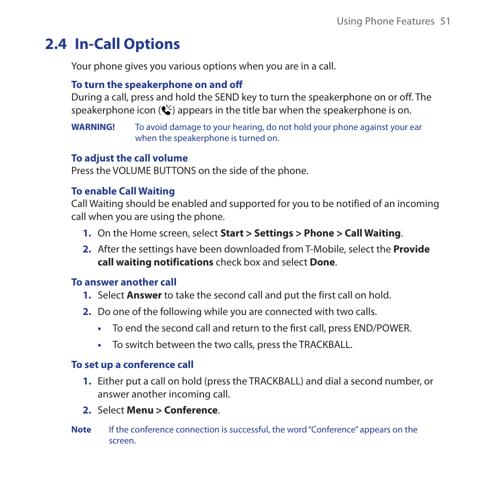 4 in-call options, In-call.options | HTC Dash 3G HS S200 User Manual | Page 51 / 192