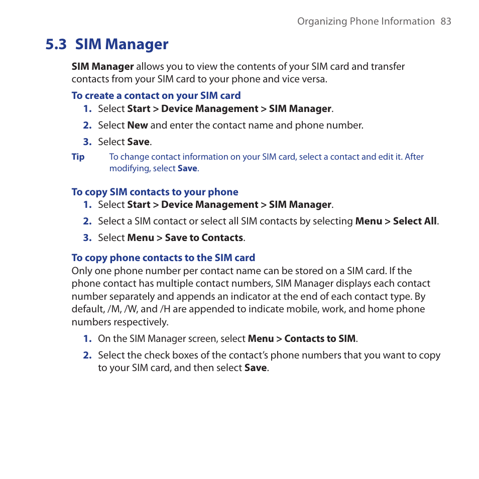 3 sim manager, Sim.manager | HTC Dash 3G HS S200 User Manual | Page 83 / 192