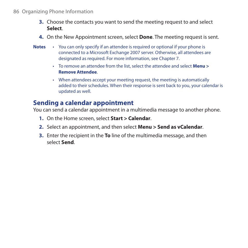Sending a calendar appointment | HTC Dash 3G HS S200 User Manual | Page 86 / 192