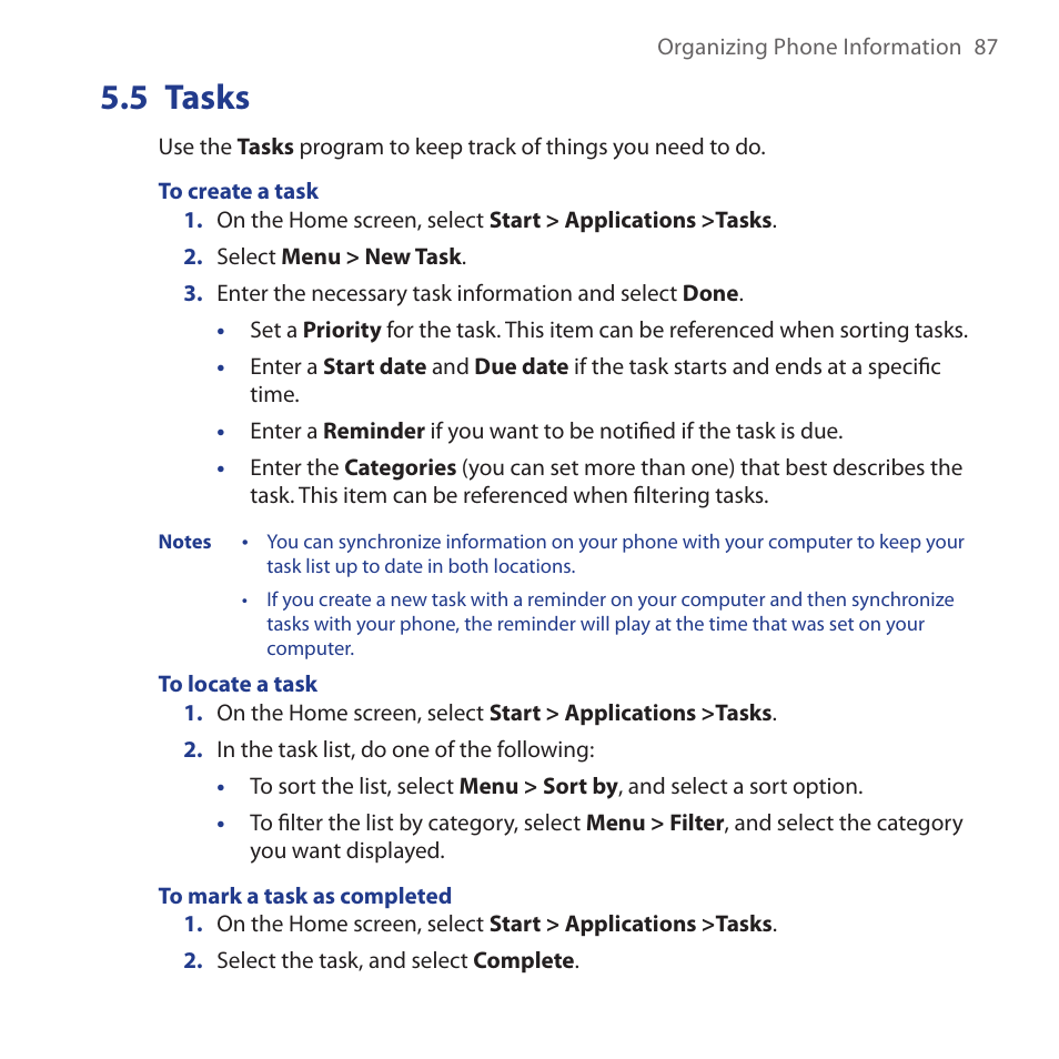 5 tasks, Tasks | HTC Dash 3G HS S200 User Manual | Page 87 / 192