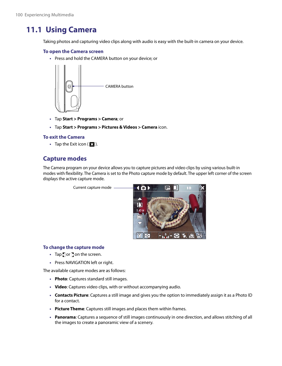 1 using camera, Capture modes | HTC PDA Phone User Manual | Page 100 / 144