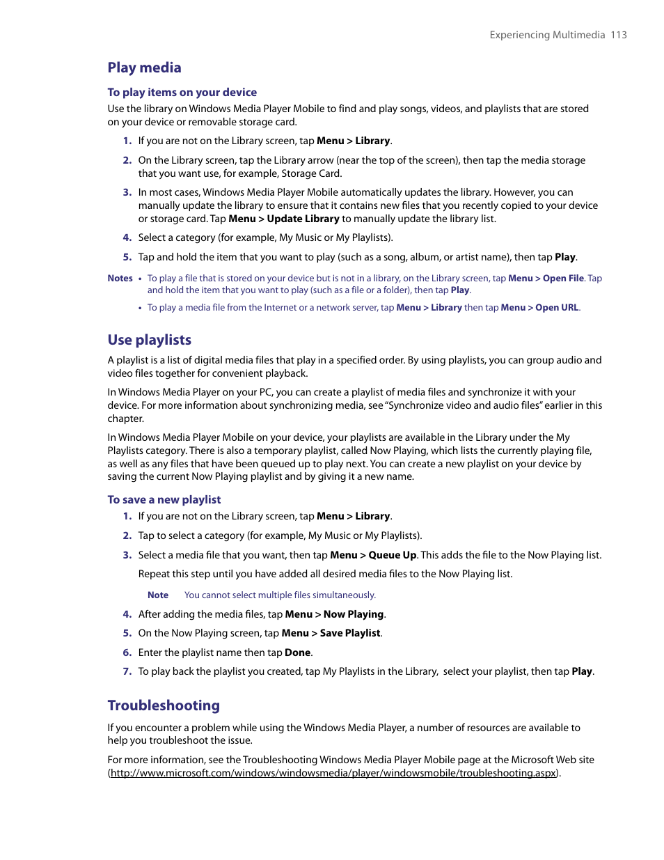 Play media, Use playlists, Troubleshooting | HTC PDA Phone User Manual | Page 113 / 144