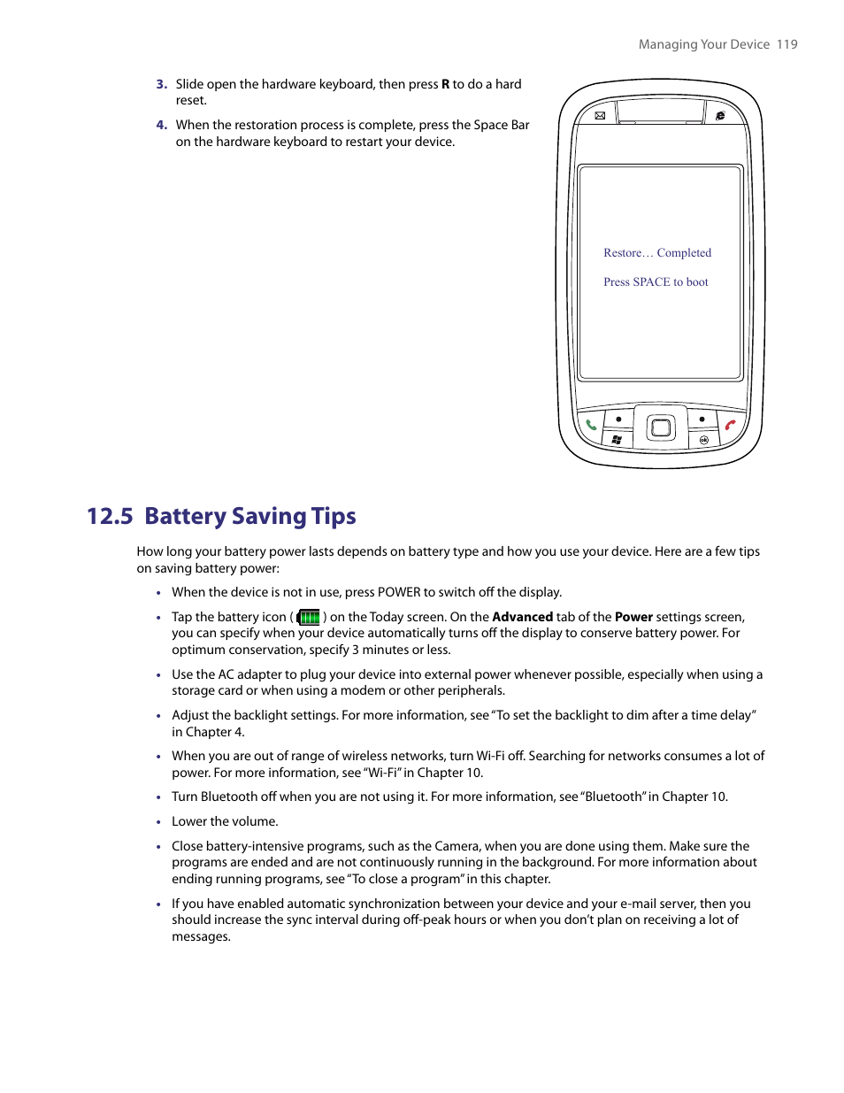 5 battery saving tips | HTC PDA Phone User Manual | Page 119 / 144