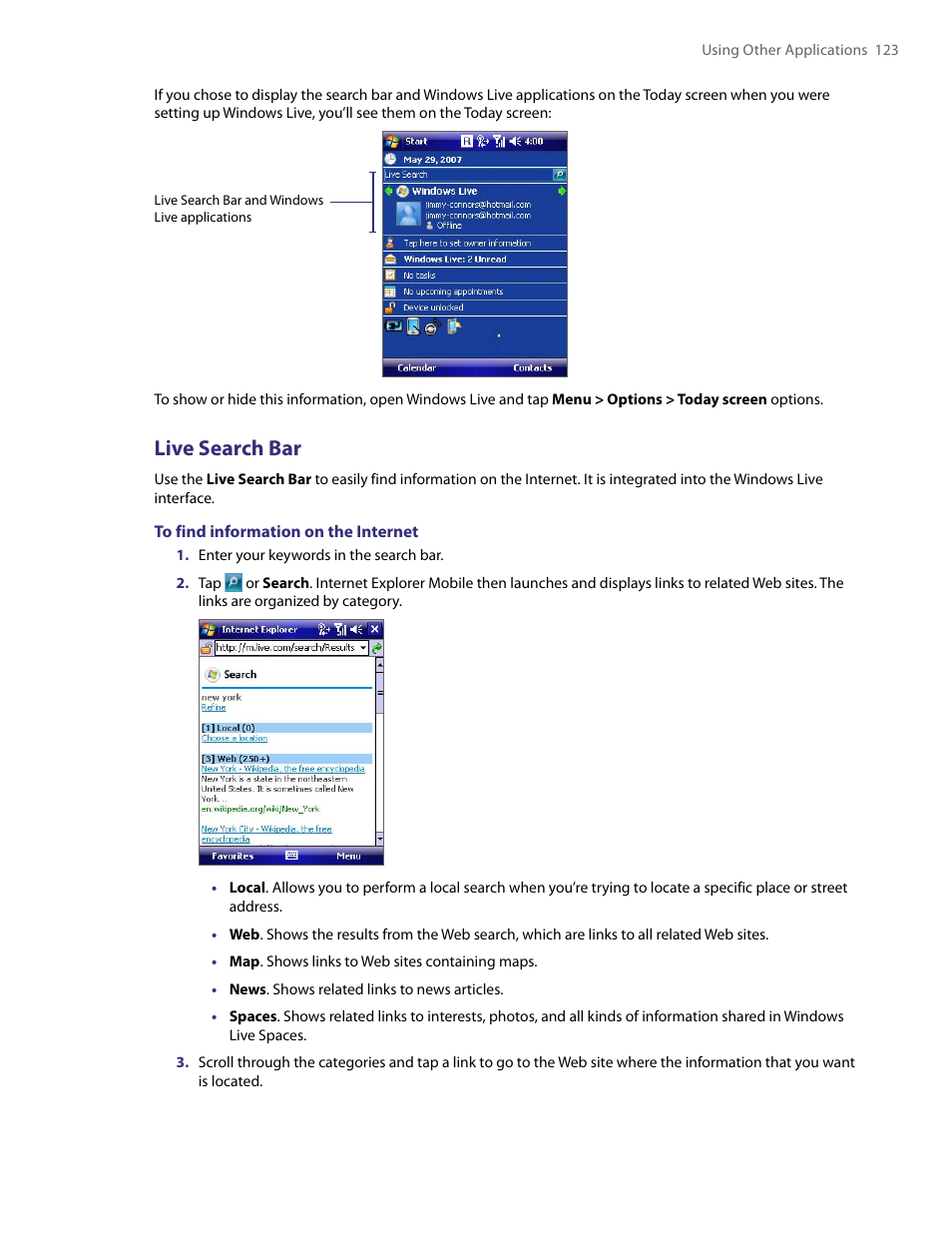 Live search bar | HTC PDA Phone User Manual | Page 123 / 144