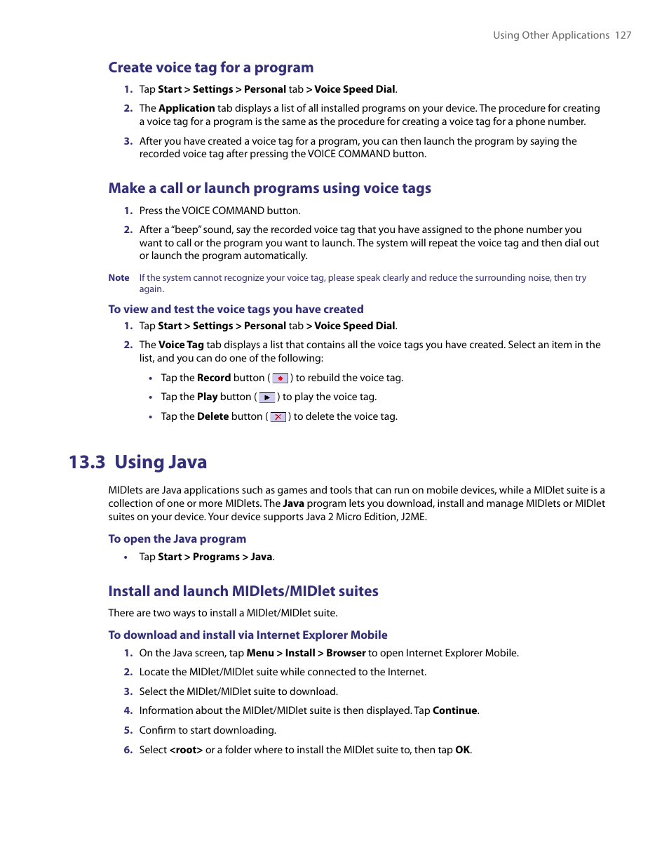 3 using java, Create voice tag for a program, Make a call or launch programs using voice tags | Install and launch midlets/midlet suites | HTC PDA Phone User Manual | Page 127 / 144