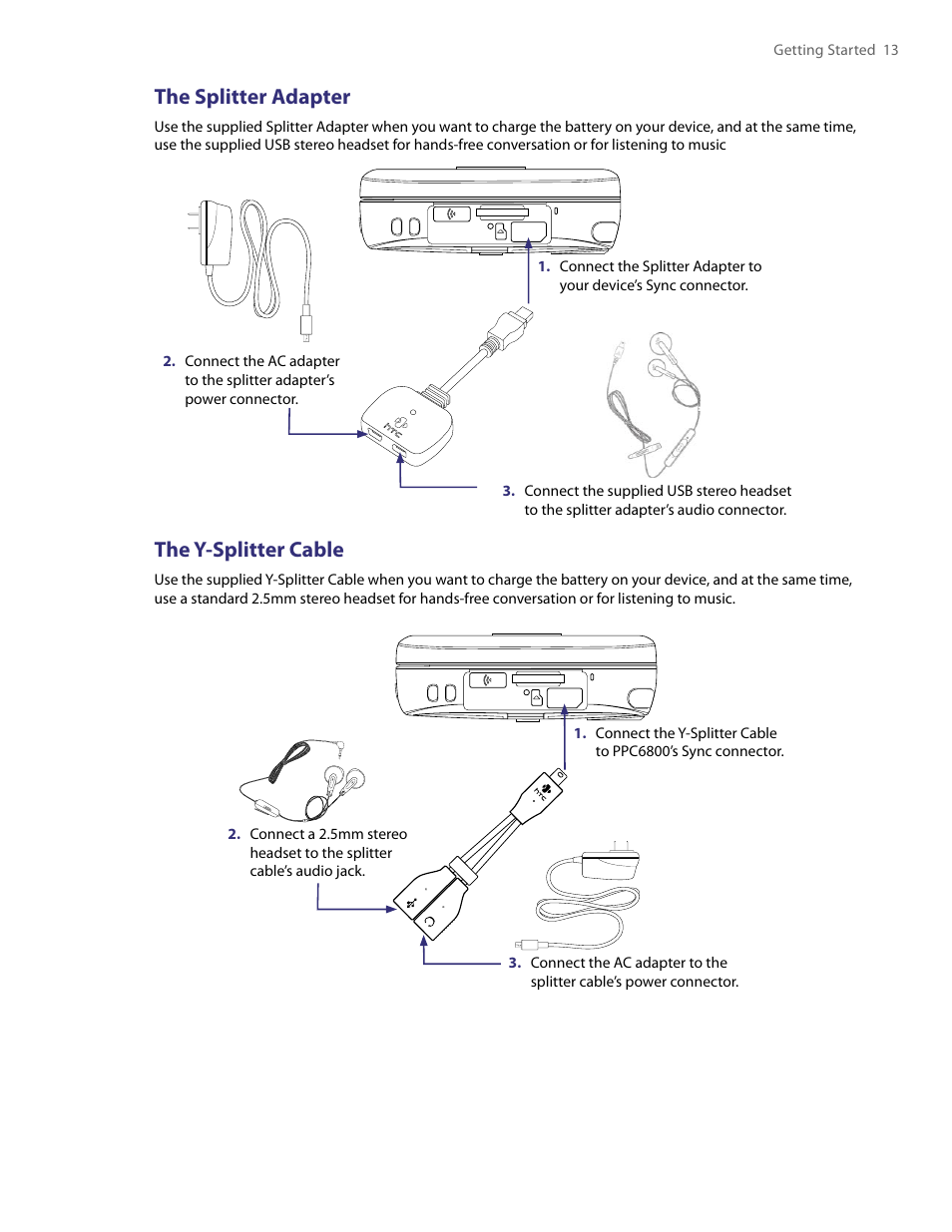 The splitter adapter, The y-splitter cable | HTC PDA Phone User Manual | Page 13 / 144