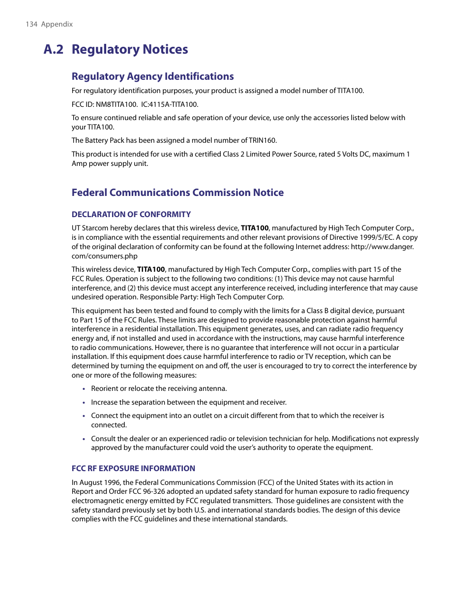 A.2 regulatory notices, Regulatory agency identifications, Federal communications commission notice | HTC PDA Phone User Manual | Page 134 / 144