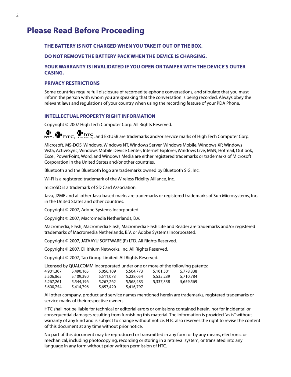 Please read before proceeding | HTC PDA Phone User Manual | Page 2 / 144