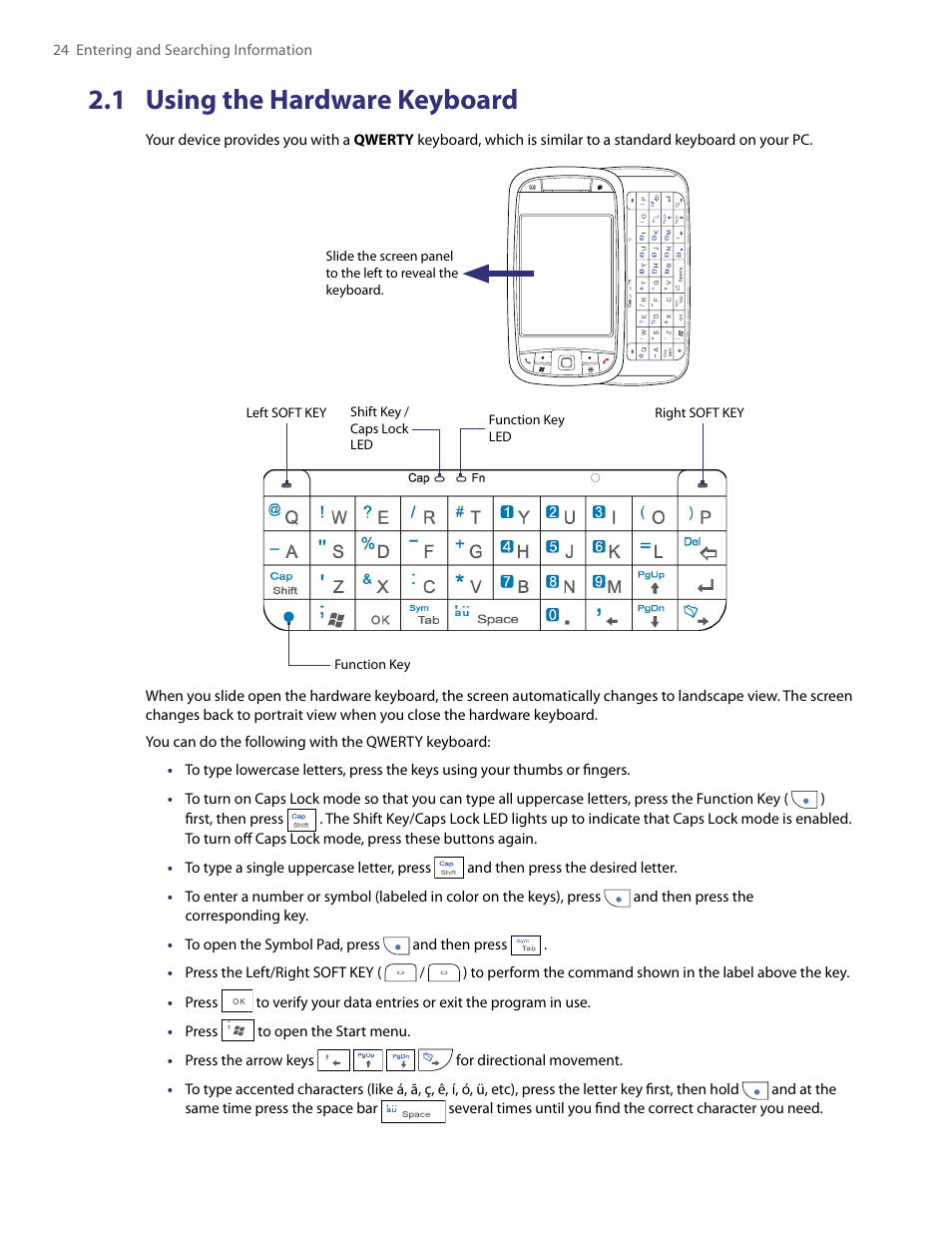 1 using the hardware keyboard | HTC PDA Phone User Manual | Page 24 / 144
