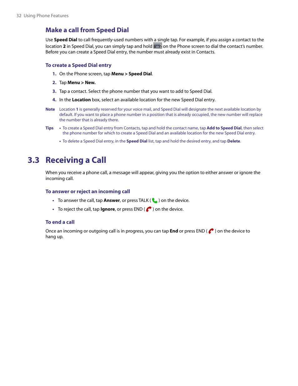 3 receiving a call, Make a call from speed dial | HTC PDA Phone User Manual | Page 32 / 144