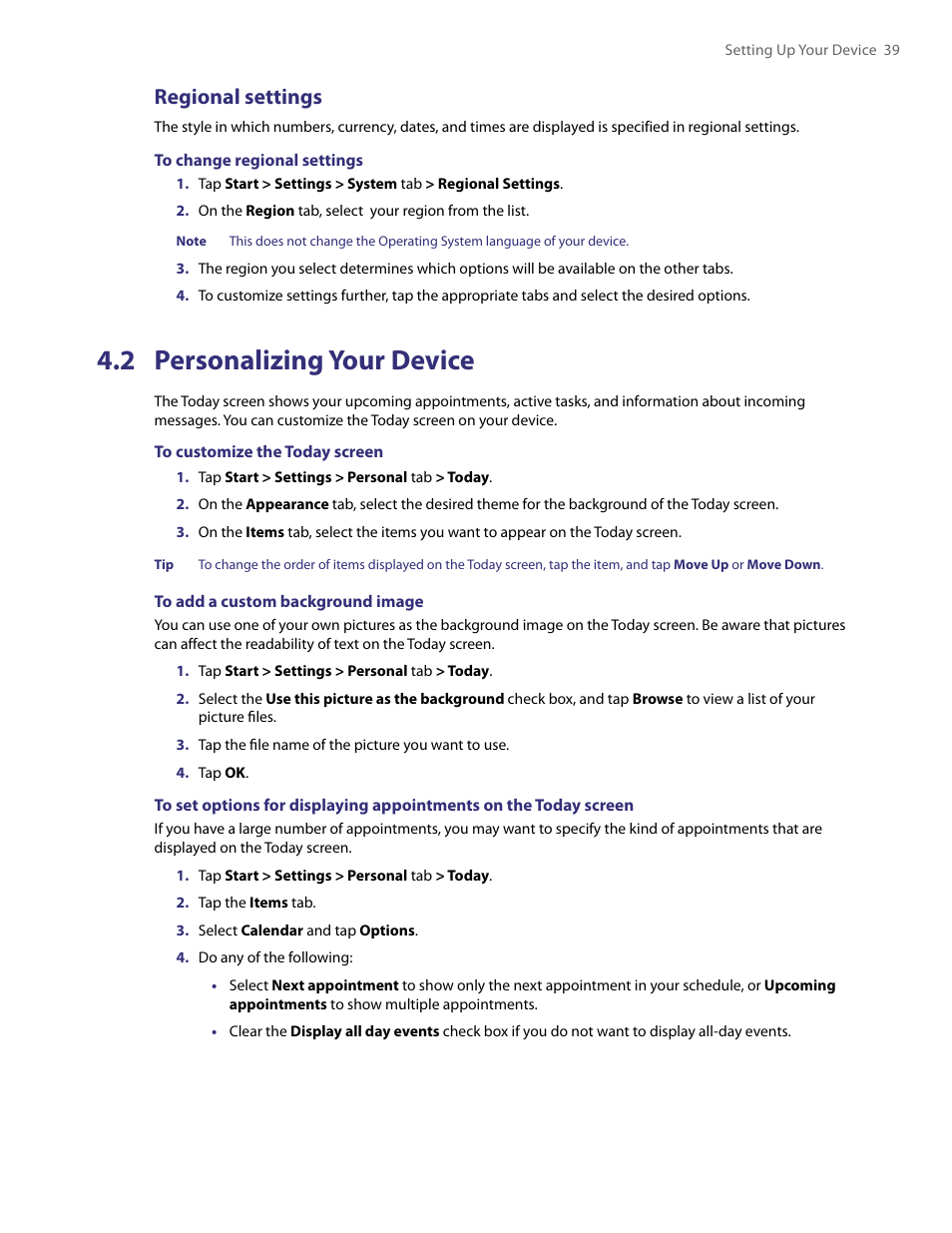 2 personalizing your device, Regional settings | HTC PDA Phone User Manual | Page 39 / 144