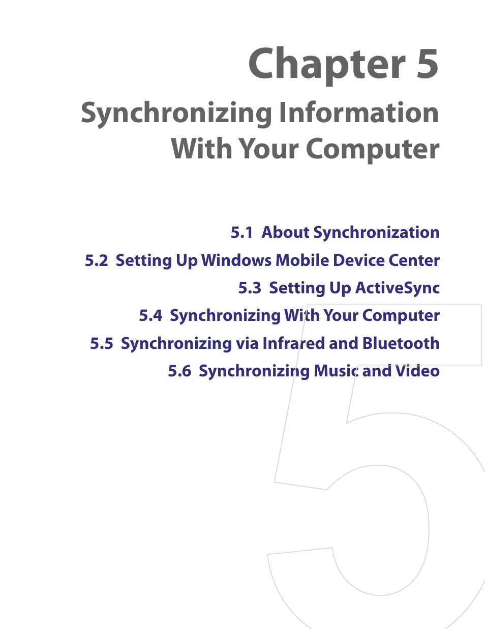 Chapter 5, Synchronizing information with your computer | HTC PDA Phone User Manual | Page 45 / 144