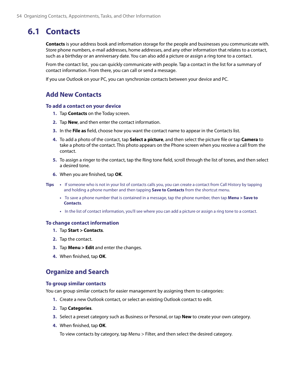 1 contacts, Add new contacts, Organize and search | HTC PDA Phone User Manual | Page 54 / 144