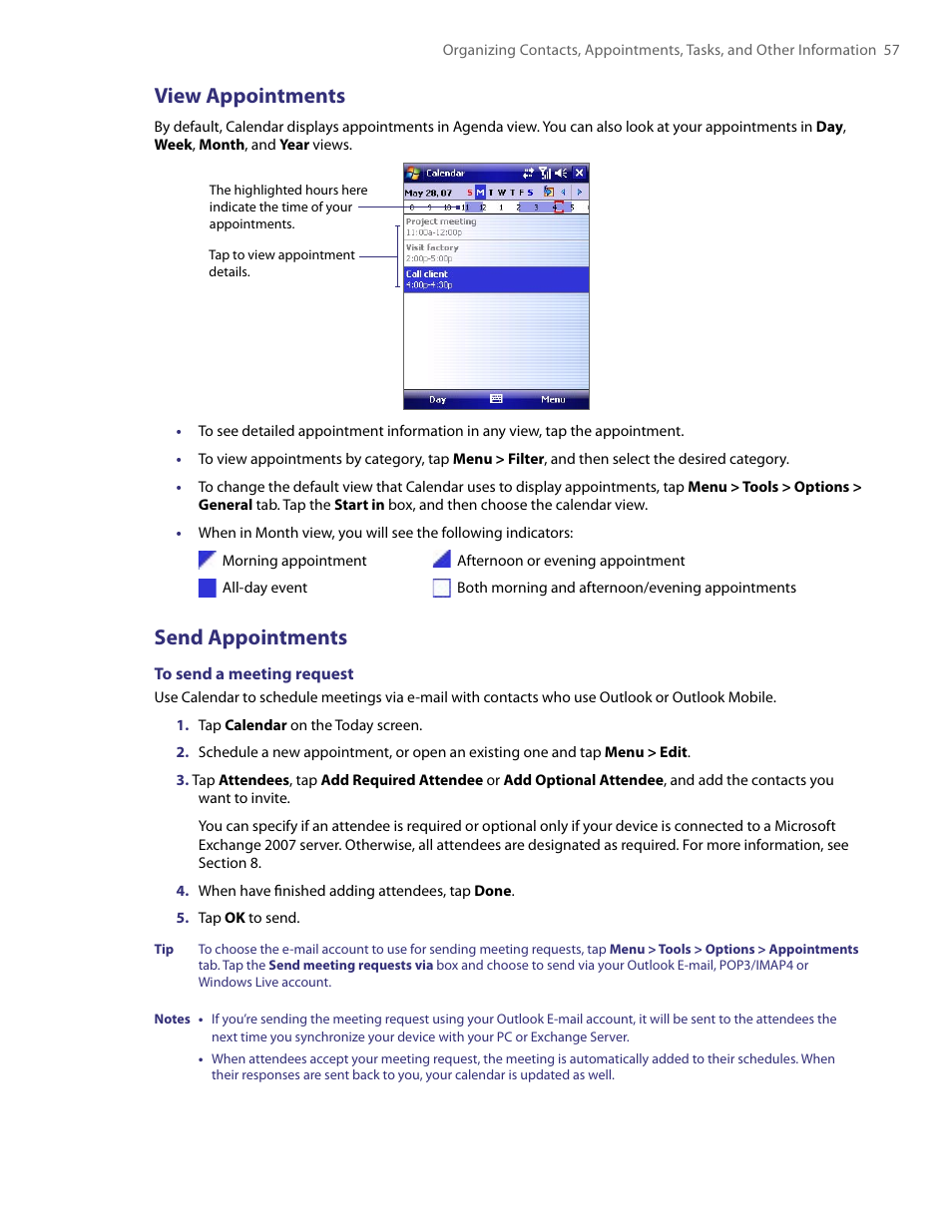 4 notes, View appointments, Send appointments | HTC PDA Phone User Manual | Page 57 / 144
