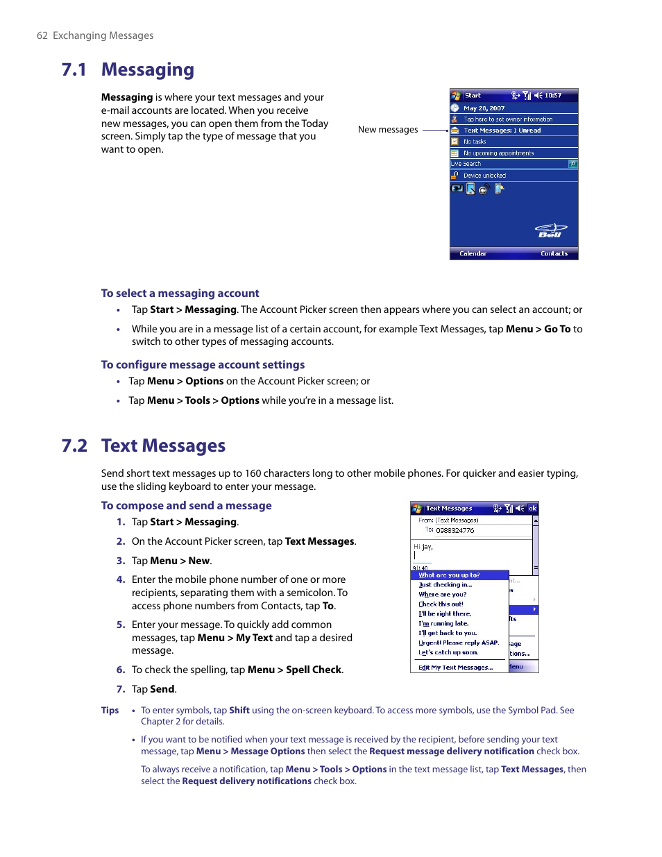 1 messaging, 2 text messages, 1 messaging 7.2 text messages | HTC PDA Phone User Manual | Page 62 / 144