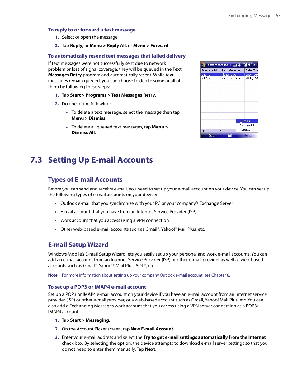 3 setting up e-mail accounts, Types of e-mail accounts, E-mail setup wizard | HTC PDA Phone User Manual | Page 63 / 144