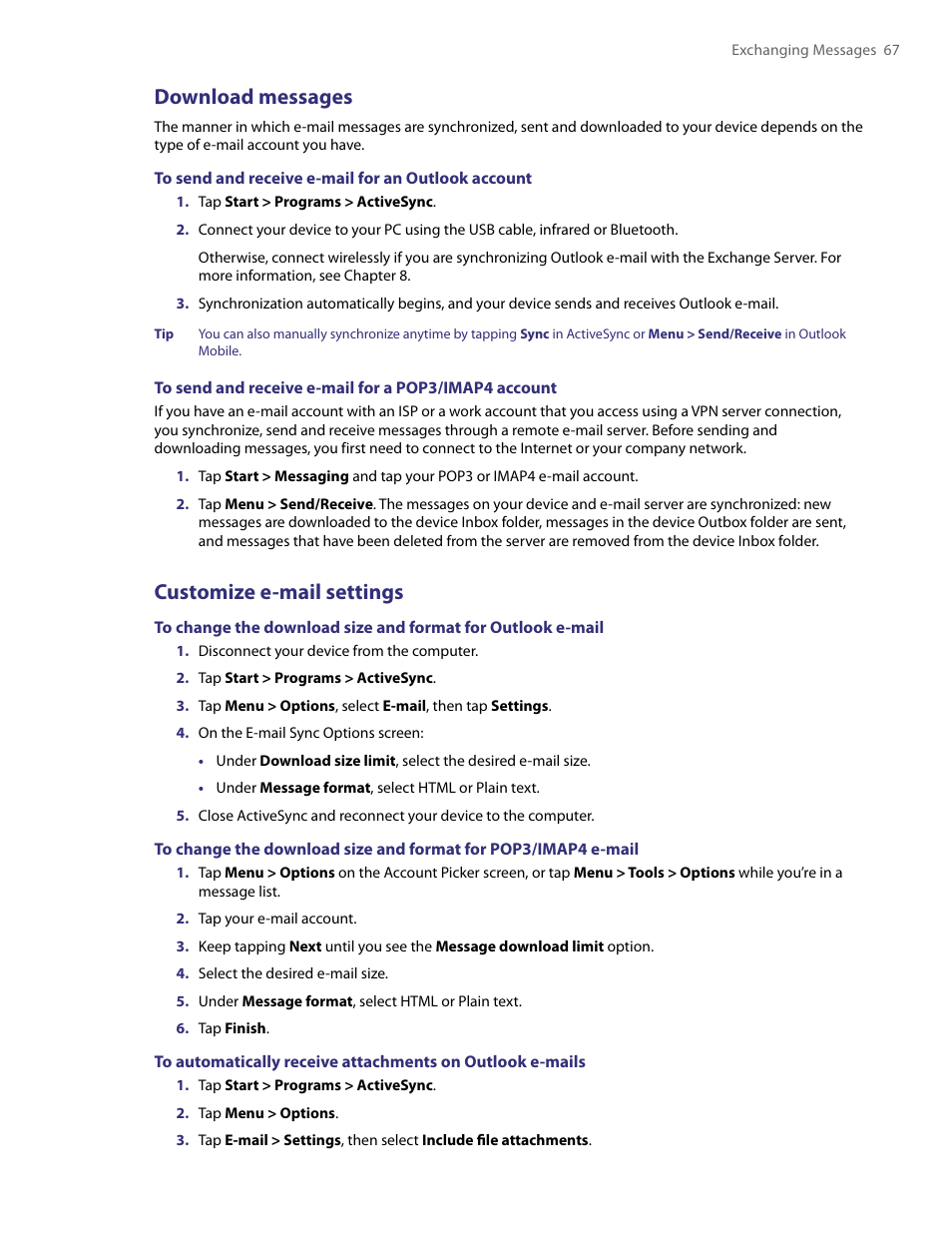 Download messages, Customize e-mail settings | HTC PDA Phone User Manual | Page 67 / 144