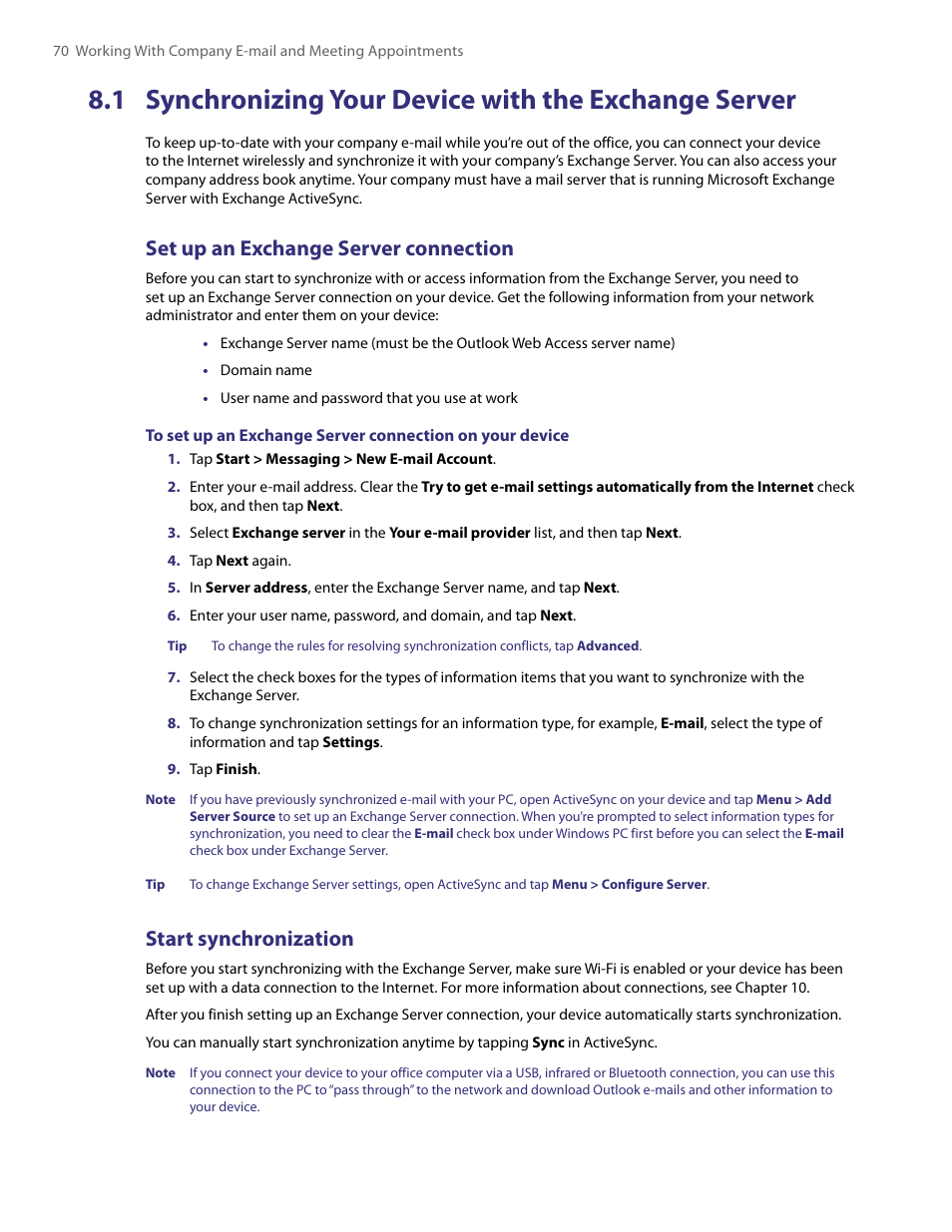 1 synchronizing your device with, The exchange server, Set up an exchange server connection | Start synchronization | HTC PDA Phone User Manual | Page 70 / 144